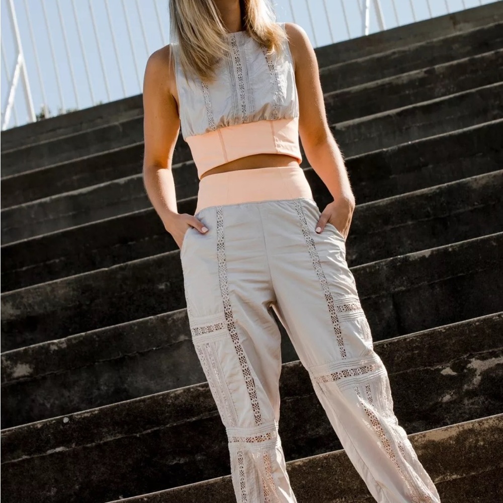 Women's Beige Track Pants with Lace Detailing
